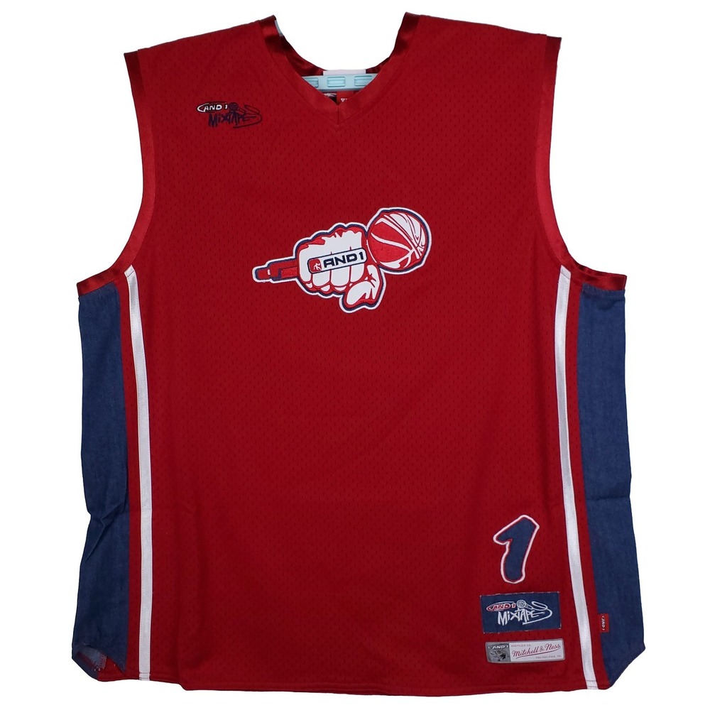 AND1 Mixtape Mitchell & Ness XL XLarge Jersey Fist Mic Logo Red Navy Denim NWT